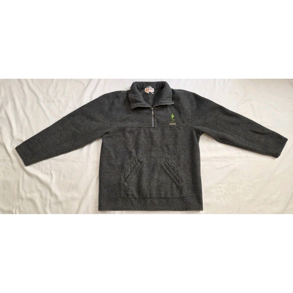 Vintage Dr. Seuss Embroidered Grinch Quarter Zip Fleece Sweatshirt Gray Size M